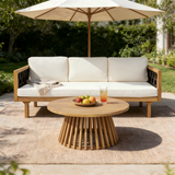 Luxury Acacia Wood Outdoor Daybed Set - Three-Seater Daybed with Beige Cushions & Black Rope, Teak Finish, Includes Round Acacia Wood Side Table, Perfect for Patio, Balcony, Garden