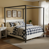 Modern Black Metal Canopy Bed with Plush White Bouclé Upholstery, King