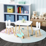 Kids Table and 2 Chairs Set, 3 Pieces Rabbit Themed Toddler Table and Chair Set, Children Wooden Activity Play Table Set Solid Wood Legs