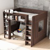 Queen Size Wooden Loft Bed with Storage Cabinets and Shelves