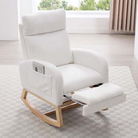Leisure Rocking Chair,Nursery Rocking Chair With Adjustable Footstool,Thickened Headrest And High Backrest, Storage Pocket On The Right Side,The Base Rocker Is Solid Wood