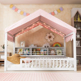 Full Size Wooden Floor Bed,House-Shaped Daybed with Fense,3 Storage Bookshelves,Curtain and LED Light