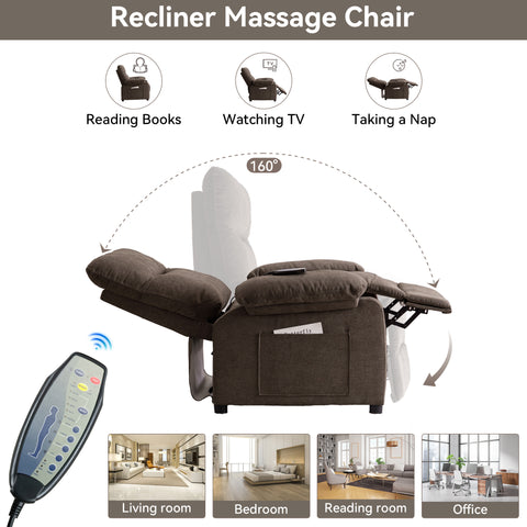 160°Recliner Chair for Elderly Seniors-Manual Push Back Reclining Chair with 8-Point Massage & Heating, Plush Chenille Fabric & Remote Control, Side Storage Pockets for Living Room, Bedroom