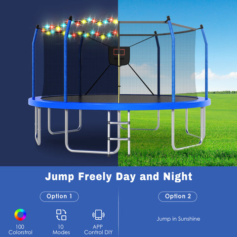 Trampoline with Lights and Basketball Hoop, Outdoor Recreational 16" Trampoine for Kids and Adults