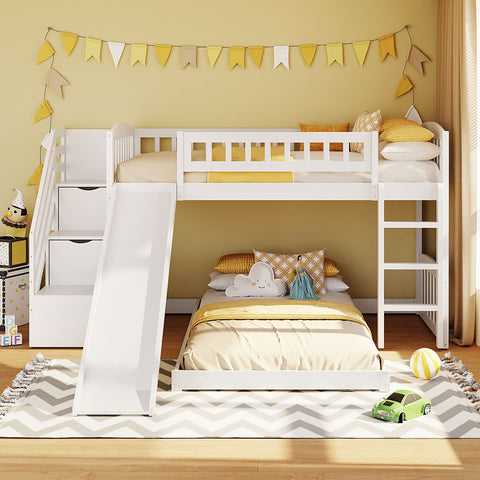 Stairway Twin over Twin Bunk Bed with Two Drawers and Slide