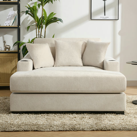 Oversized Chaise Lounger Modern Style Sofa Couch ,with Pillows, Charge Station & Cup Holders, Chenille Fabric