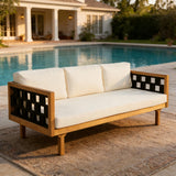 Three-Seater Outdoor Daybed with Beige Cushions & Black Flat Rope, Acacia Wood Frame Teak Finish, 67.5'' L x 32'' W x 24.24'' H Patio Garden Deck Lounge Sofa for Outdoor