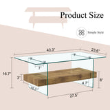 Rectangular floating coffee table, wooden color glass legs, 43.3" wide x 23.6" long x 16.7" high