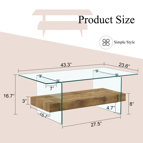 Rectangular floating coffee table, wooden color glass legs, 43.3" wide x 23.6" long x 16.7" high