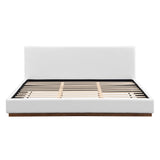 Elegant White Fabric Upholstered Bed With Nice Wood Grain Textured Solid Wood Base Frame,White