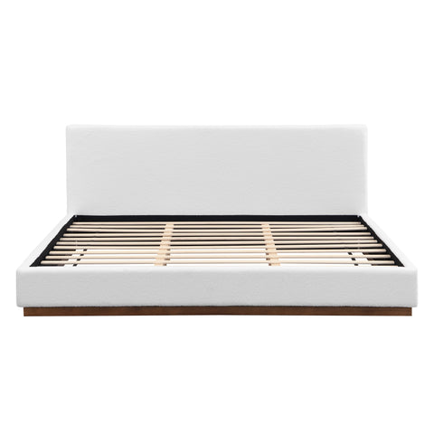 Elegant White Fabric Upholstered Bed With Nice Wood Grain Textured Solid Wood Base Frame,White