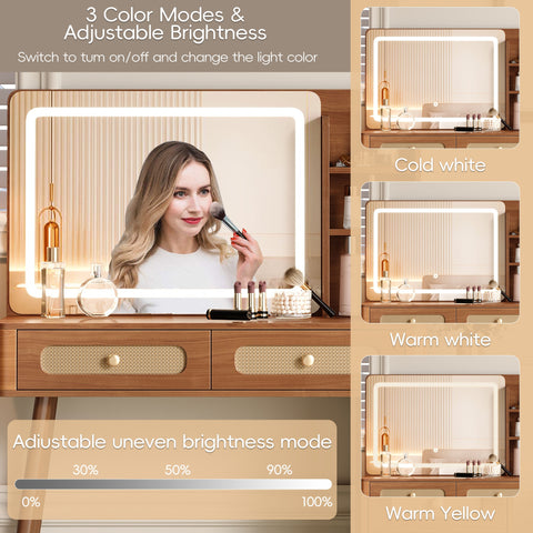 Vintage Makeup Vanity with Mirror and Lights, Makeup Vanity Desk with 5 Drawers and Storage Shelf, Rattan Drawer Design, 3 Color Modes and Adjustable Brightness Dressing Table