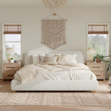 King Size Modern Upholstered Bed Frame with Linen Fabric and Solid Wood Legs, White
