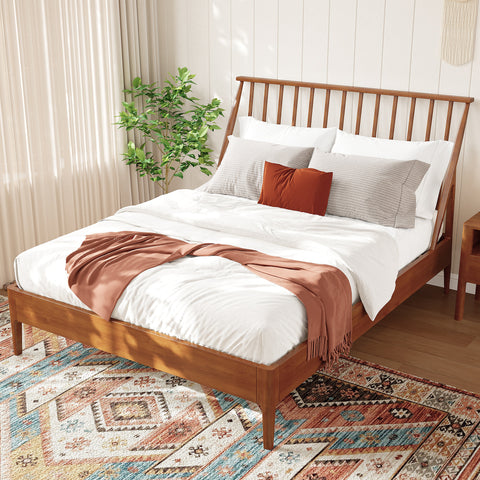 Solid Bamboo Wood Spindle Platform Queen Bed with 46.5" Tall Headboard, Bohemian Bed Frame with Wooden Slats and Metal Support, Mid-Century Modern Style,No Box Spring Needed