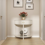 Artisan-Crafted Wave-Pattern Demi-Lune Console Table with Creamy White Finish,Unique Half Moon Design End Table with 2 Storage Drawers and Bottom Shelf for Living room, Bedroom, Study, Hallway