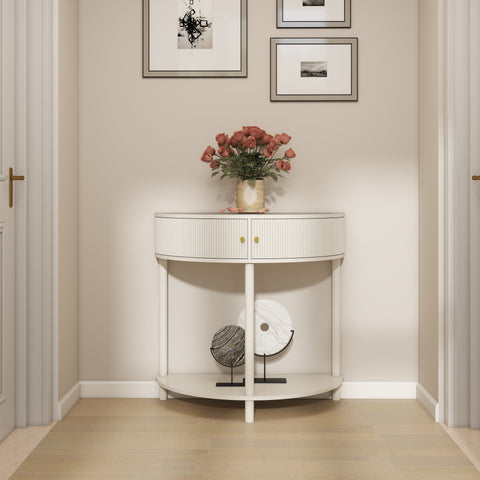 Artisan-Crafted Wave-Pattern Demi-Lune Console Table with Creamy White Finish,Unique Half Moon Design End Table with 2 Storage Drawers and Bottom Shelf for Living room, Bedroom, Study, Hallway