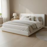 Modern White Bouclé Winged Bed Frame with Enclosed Wood Base, King Size