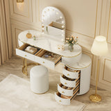 Luxury Makeup Vanity Desk with 3-Color LED Mirror & Stool, Adjustable Length Vanity Table with Movable Side Cabinet, 6 Drawers Storage, Marble-Look Sticker Top, PU Leather Drawers, Gold Stainless Steel