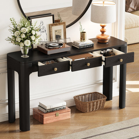 Rustic Console Table with Curved Corners for Safety, Entryway Table with 3 Concealed Drawers, Sturdy Sofa Table with Thick Legs for Hallway & Living Room