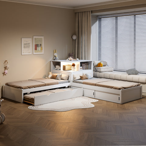 Twin Size L-Shaped Platform Bed with Storage Cabinets,Desk,Trundle and LED Light