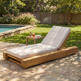 Outdoor Teak Acacia Wood Chaise Lounge with Beige Water-Resistant Cushion - Adjustable Backrest Patio Recliner for Poolside, Deck & Backyard