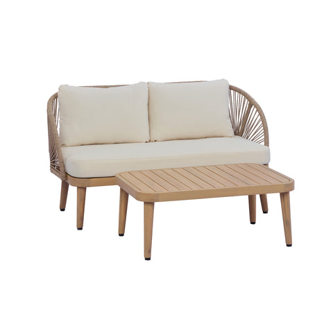 2-Piece Acacia Wood Patio Set, Curved Tub Loveseat & Slatted Coffee Table with Woven Rope Accents & Weather-Resistant Cushions