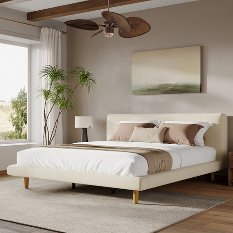 Beige Chunky Headboard Bed Frame, Solid Rubberwood Legs