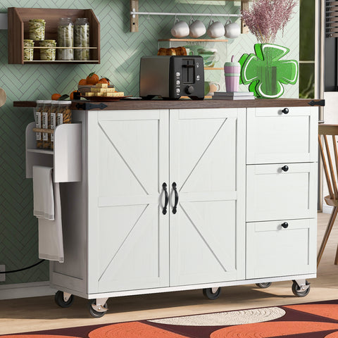Farmhouse Kitchen Island with Power Outlet, Kitchen Storage Island with Internal Storage Rack, Drop Leaf, Spice Rack, Rolling Kitchen Cart on Wheels, for Home, Kitchen and Dining Room