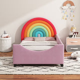 Rainbow Upholstered Daybed Low to The Ground Design Cute Style Princess Bed for Boys & Girls, Teens, Colorful & Pink