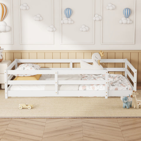 Twin Size Floor Bed, Montessori Floor Bed with Fence, Kids Montessori Bed Twin Size, Wood Montessori Floor Bed for Kids, Girls, Boys,white