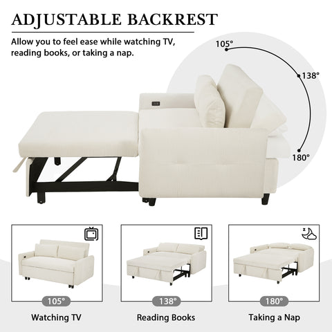 Pull-out Sofa Bed Convertible Couch 2 Seat Loveseat Sofa Modern Sleeper Sofa with Two Throw Pillows and USB Ports for Living Room, Beige