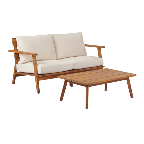 2-Piece Mid-Century Modern Patio Set, Acacia Wood Loveseat & Slatted Coffee Table with Weather-Resistant Cushions