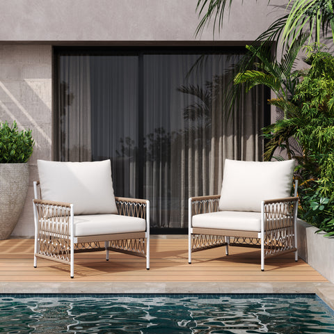 [Set of 2] Bohemian Outdoor Lounge Chair with Handwoven Rope & Powder-Coated Steel Frame, Waterproof Cushions - Patio, Garden, Poolside