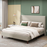 High Headboard Upholstered Bed, King Size Bed Frame, 12-Slat Support, Easy to Assemble, Beige, Linen Cloth, No Box Spring Needed
