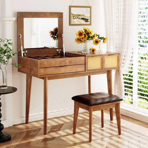 Classic Wood Makeup Vanity Set with Flip-top Mirror and Stool, Dressing Table with Three Drawers and storage space