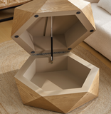 36.61'' Retro Style Polygon Flip Top Coffee Table, with Flip Top for Convenient Access, Hidden Storage, Solid Wood Veneered Drum Coffee Table with Storage for Living Room, Bedroom and Office
