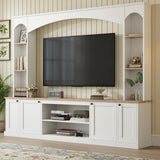 Elegant Arched Entertainment Center Wall Unit with Bookshelf, Farmhouse TV Stand with Wood Grain for TVs Up to 70", 91inch Media Console with Adjustable Shelves for Living Room