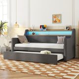 Twin Size Daybed with Trundle Bed, Upholstered Daybed with Charging Station and LED Lights