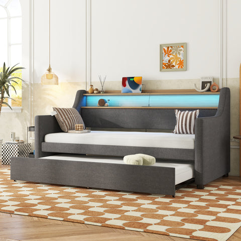 Twin Size Daybed with Trundle Bed, Upholstered Daybed with Charging Station and LED Lights