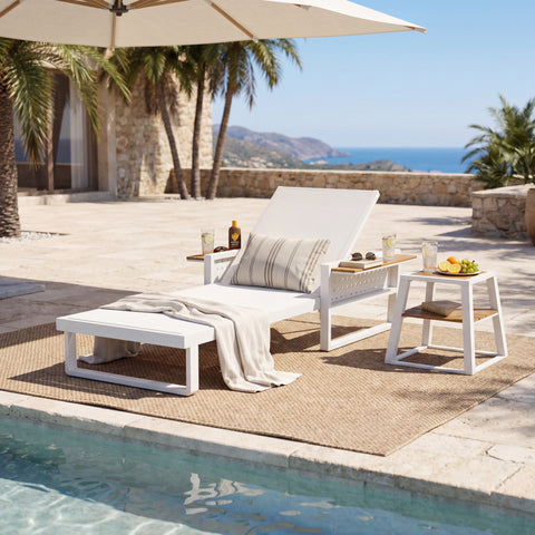 Patio Chaise Lounge Set with 4-Position Adjustable Back, Side Table&Foldable Arm, Rust-resistant Outdoor Recliner Lounger Daybed,Teak,White