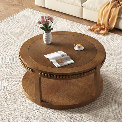 31.5 Inch Round Solid Wood Coffee Table & Sofa Table - Two-Tier Thickened Top, Sturdy Legs, Circle Table for Living Room