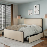 Modern Metal Bed Frame with Curved Upholstered Headboard and Footboard Bed with 4 Storage Drawers, Heavy Duty Metal Slats