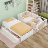 Twin Size Wood Daybed with Fence Guardrails and 2 Drawers, Split into Independent Floor Bed & Daybed