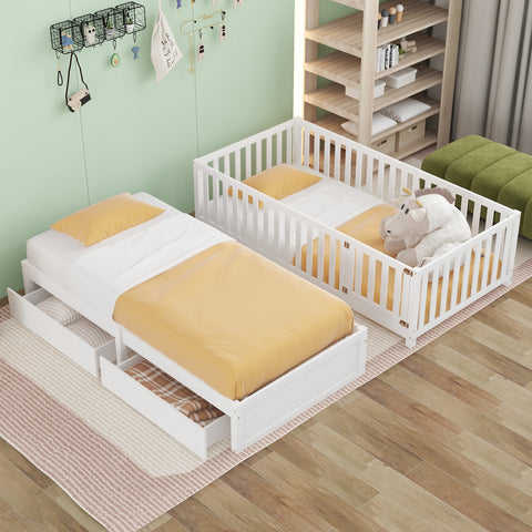 Twin Size Wood Daybed with Fence Guardrails and 2 Drawers, Split into Independent Floor Bed & Daybed