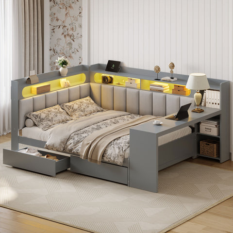 Full Size Daybed with Storage Shelves,Drawers,Charging Station,LED Light,Desk and Upholstered Headboard and Backrest
