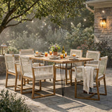 7 Pieces Acacia Wood Outdoor Dining Set with Cushions,Modern 6 Chairs with handwoven cord and 1 Large Table, Dining Furniture Set for Lawn, Backyard, Garden Deck,Poolside,Teak Finish+Light Brown Rope