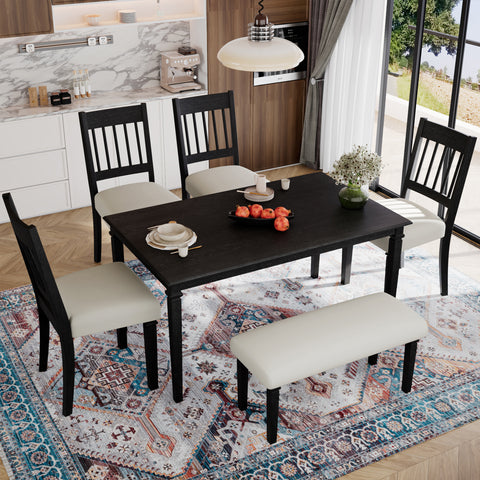 6-Piece Retro Dining Room Set, Classic Kitchen Furniture Set, Wooden Rectangular Table and 4 Chairs with Bench for kitchen & Dining Room, Easy Assembly, Space Saving
