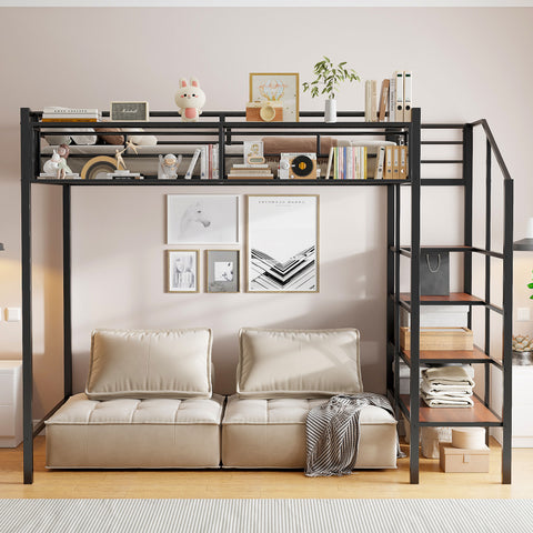 Twin Size Metal Loft Bed with Upper Grid Storage Shelf and Lateral Storage Ladder