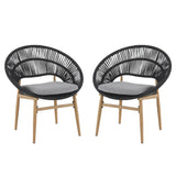 Cyril Outdoor Wicker Papasan Style Dining Chair, Teak Finished Leg and Dark Gray Faux Rattan, Gray Cushion, Set of 2