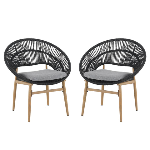 Cyril Outdoor Wicker Papasan Style Dining Chair, Teak Finished Leg and Dark Gray Faux Rattan, Gray Cushion, Set of 2